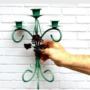 Vintage Green Metal Candlestick Holder Red Flowers Wall Sconce Farmhouse Country